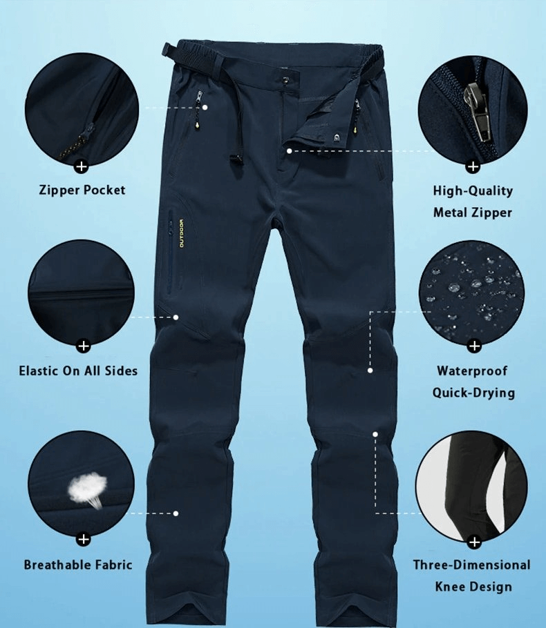 Waterproof quick dry breathable women's pants with pockets, featuring a high-quality zipper, elastic waist, and three-dimensional knee design.